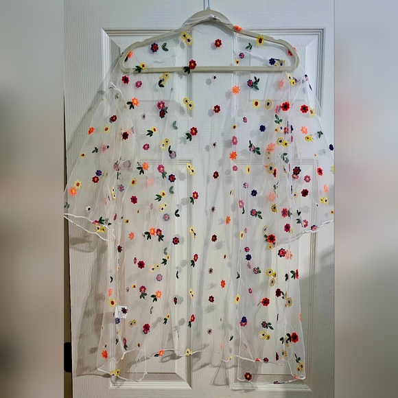 New Floral Embroidered Mesh Open Front Cover Up Blouse Large - Picture 5 of 5
